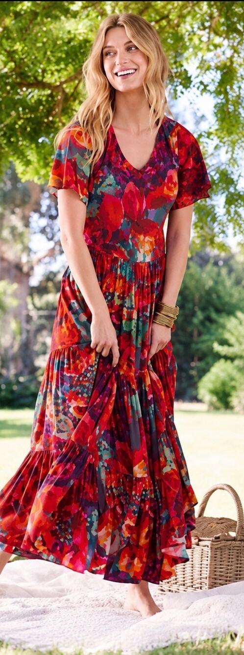Soft Surroundings Printemps Maxi Dress Multicolor Floral Tiered Boho V-Neck M